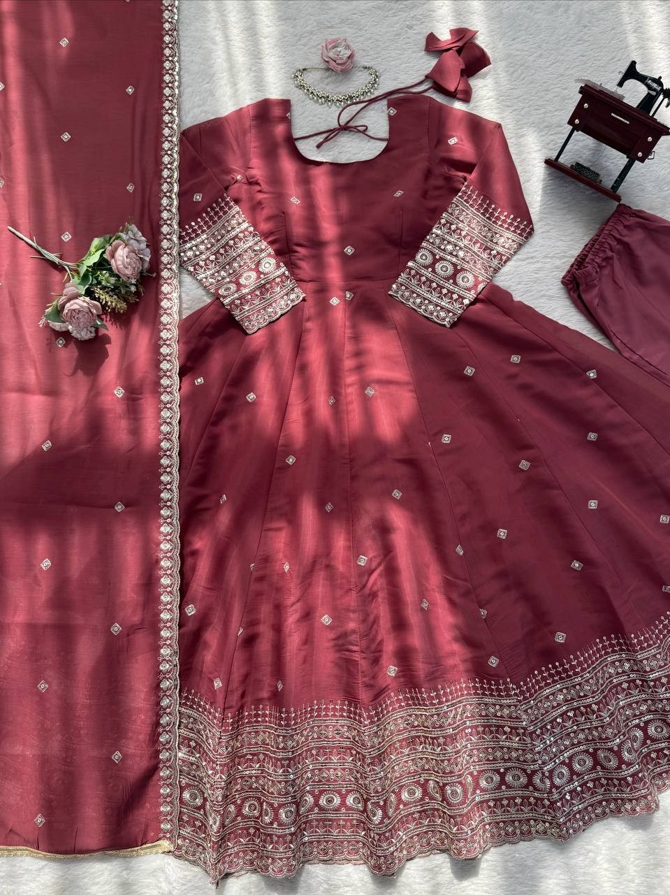 Latest Mul Chanderi Silk Maroon Gown Bottom With Dupatta For Festive Wear