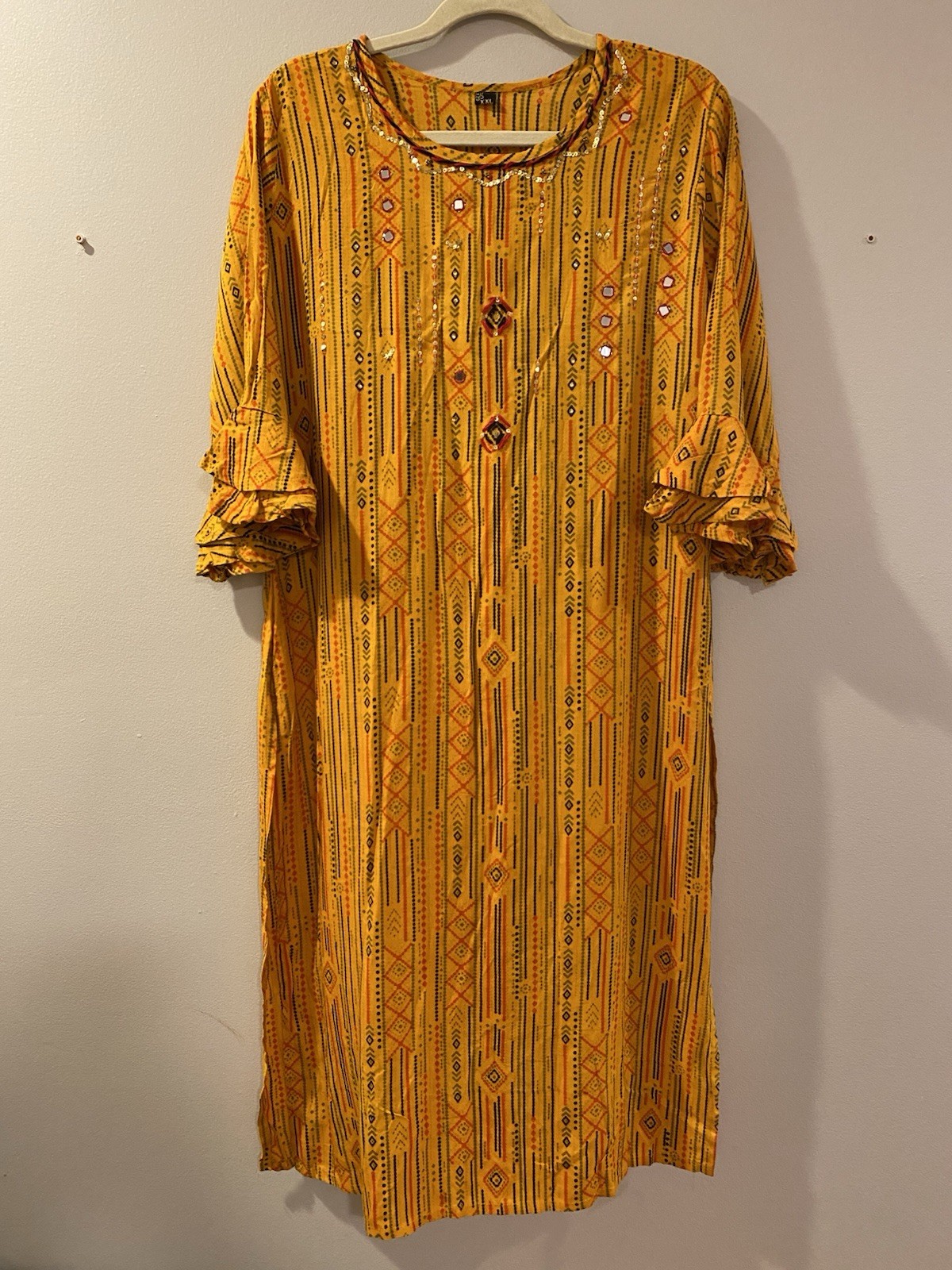 XXL Embellished Mustard Yellow Kurta Tunic Dress 3/4 Ruffled Sleeves