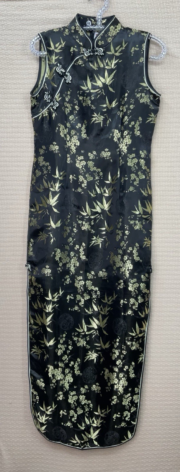 Mimi Oriental Cheongsam Qipao Dress Black Gold Floral Print Sleeveless Size M