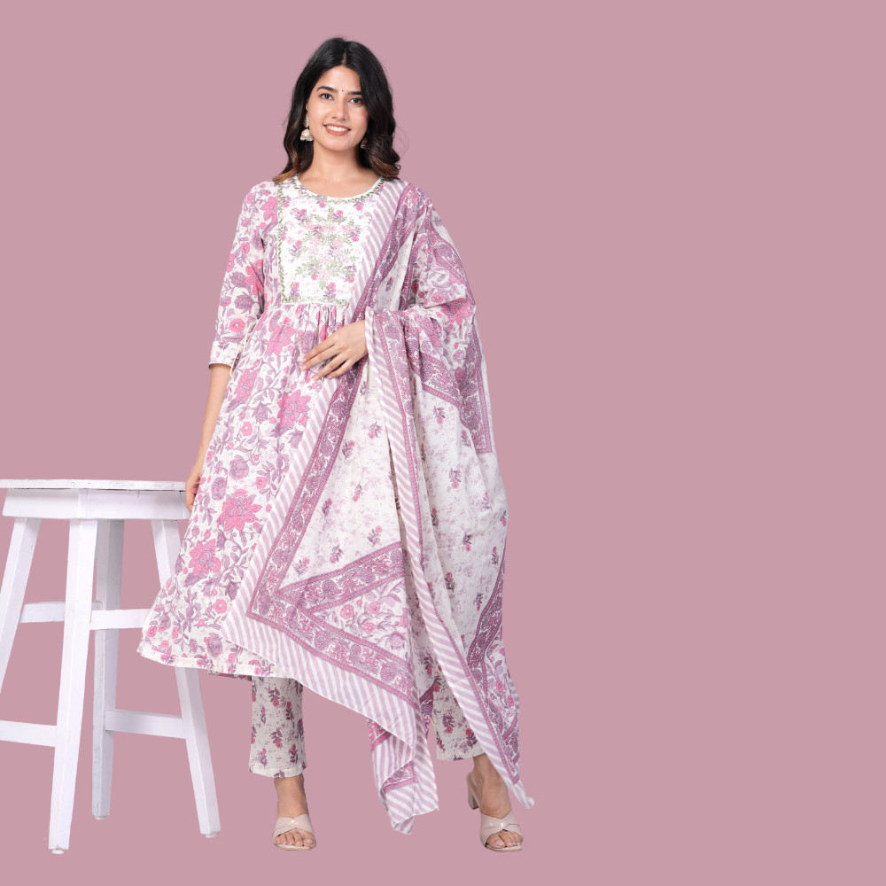 Floral Printed Regular Pure Cotton Kurta with Pajamas & With dupatta