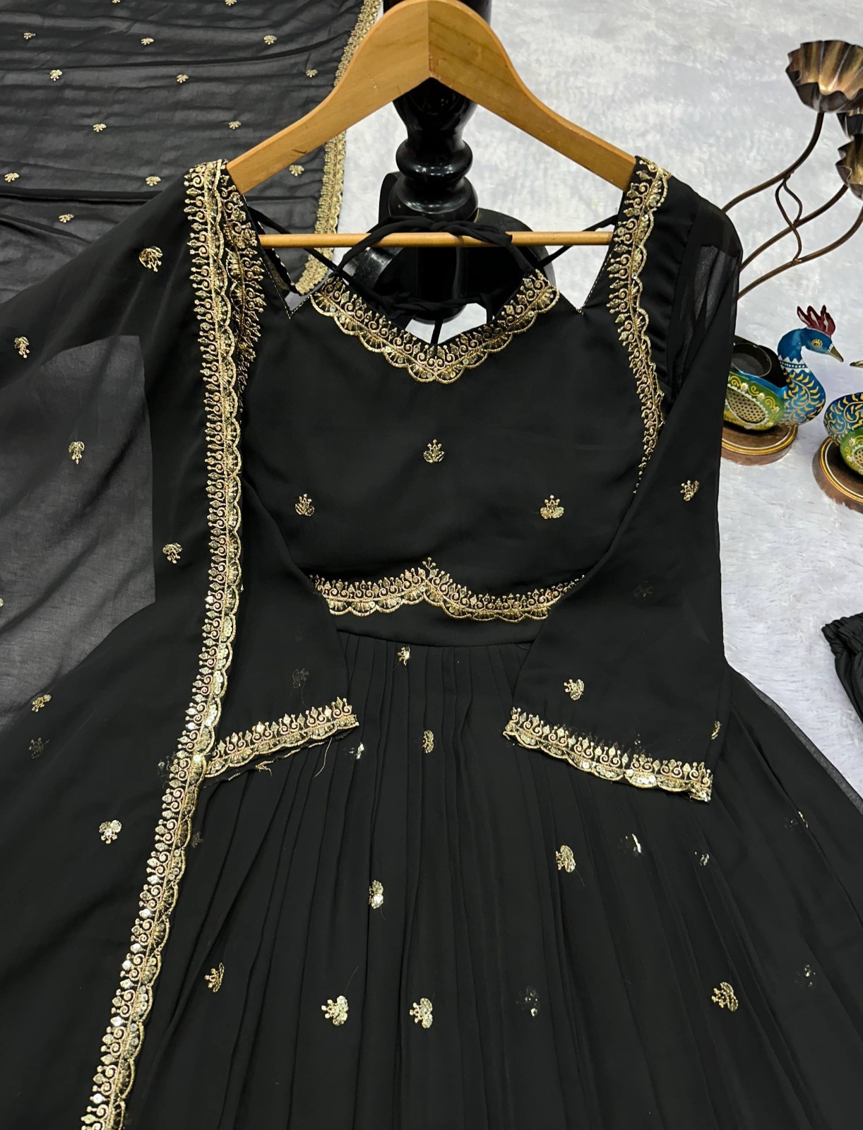New Fancy Heavy Faux Georgette Gown Bottom With Black Dupatta For Engagement