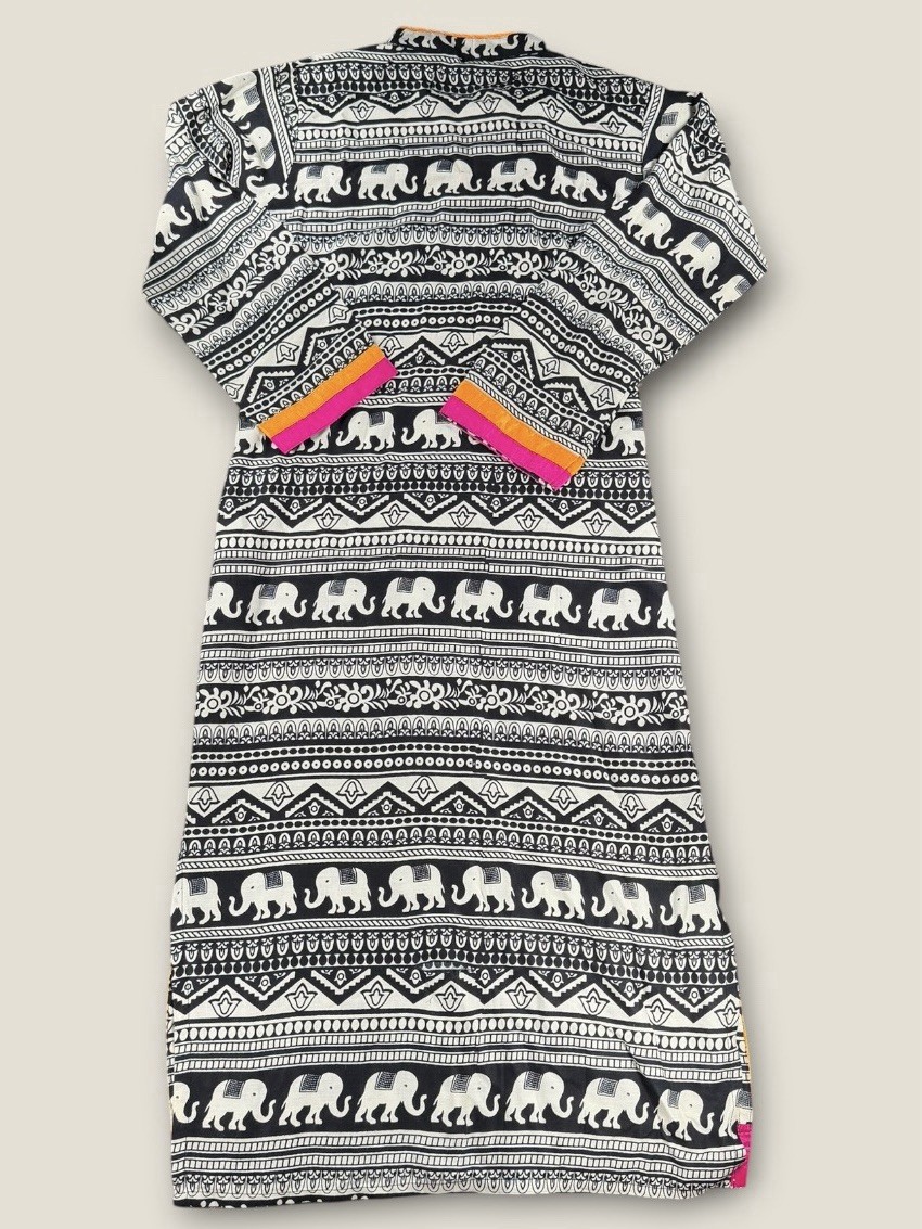 SM Indian Kurta Tunic Dress Sz S Black White Elephant Pink Embroidered