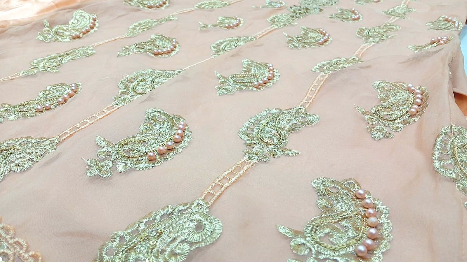 Peach Organza Gold Embroidered Party Wear Dress Pearl Work Silk Shalwar 3PC