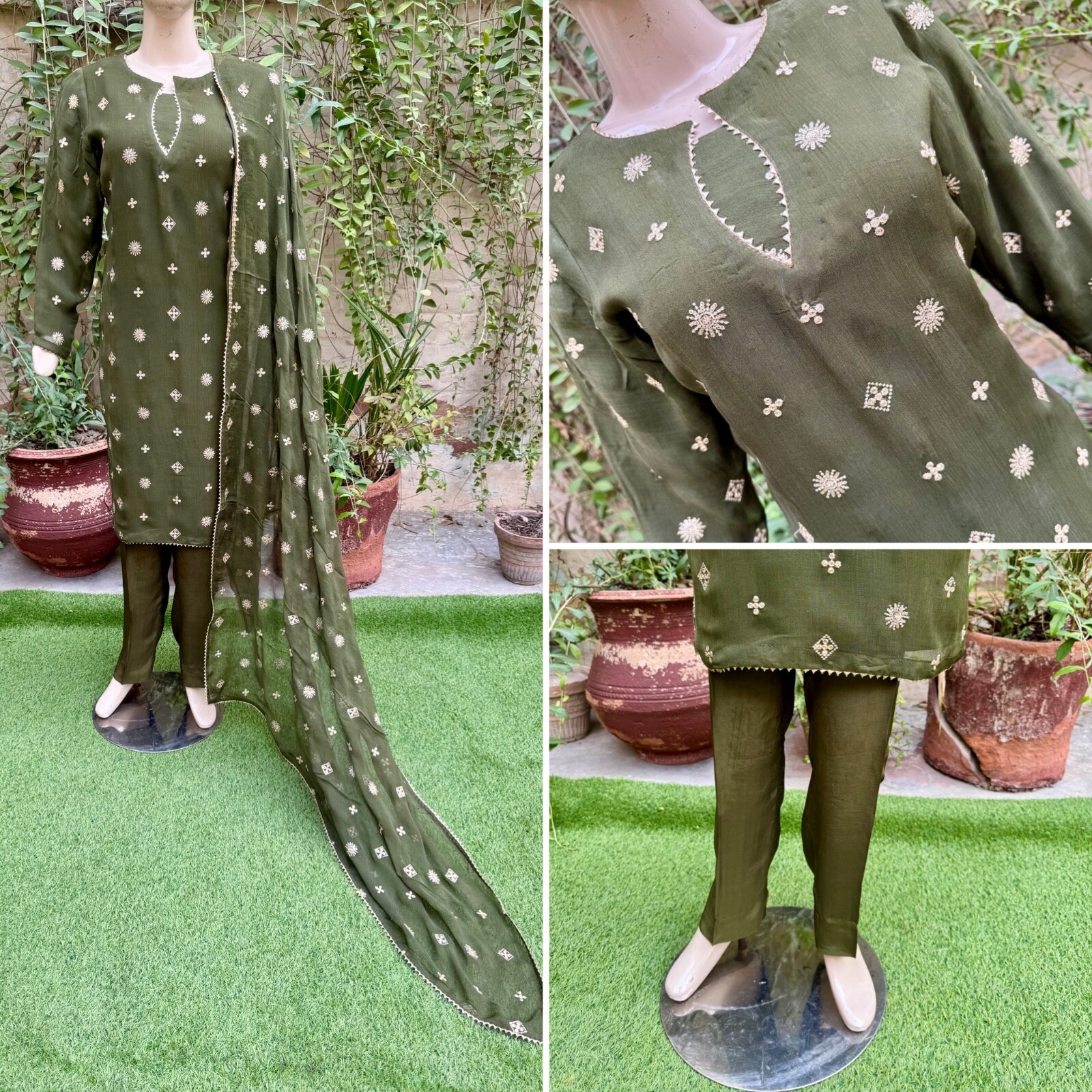 Pakistani Mahendi Green Straight Style Embroidered Sequins 3pcs Chiffon Dress,S
