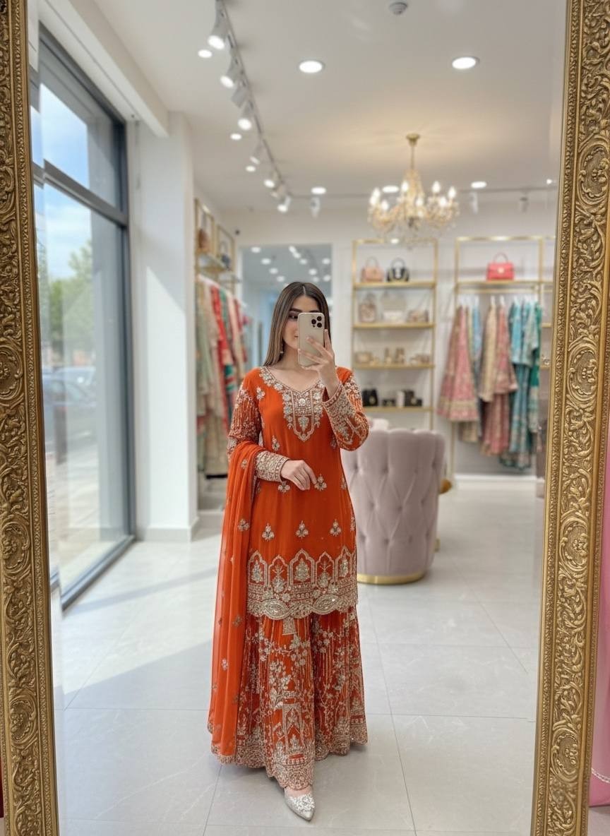 New Launching Faux Georgette Orange Top Palazzo With Dupatta For Wedding Wear