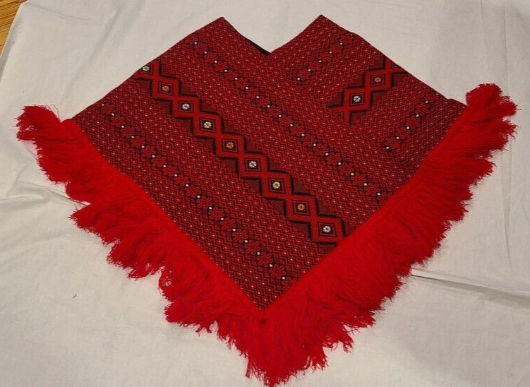 Vintage Guatemalan Hand Made Loomed Fringed Poncho One Size Red