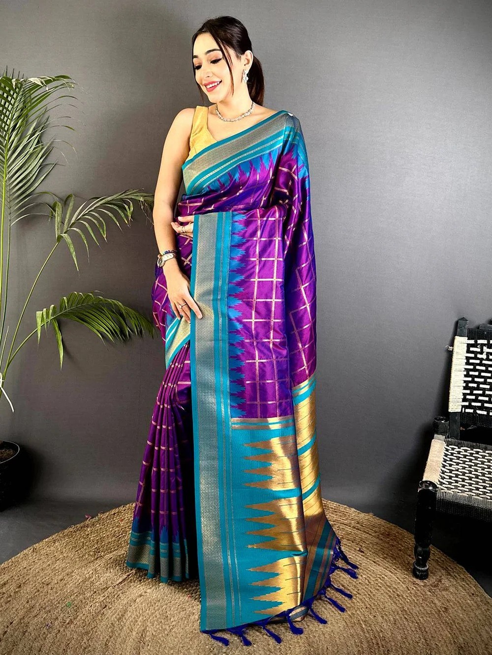 Purple Women Silk Saree Dual Tone Gold Zari Luxury Woven Designer With Blouse