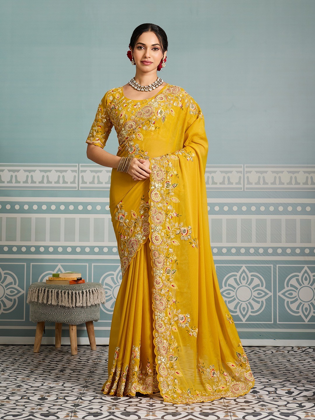 Readymade Soft Star Georgette Saree Embroidered Border Party Wear Wedding Sari