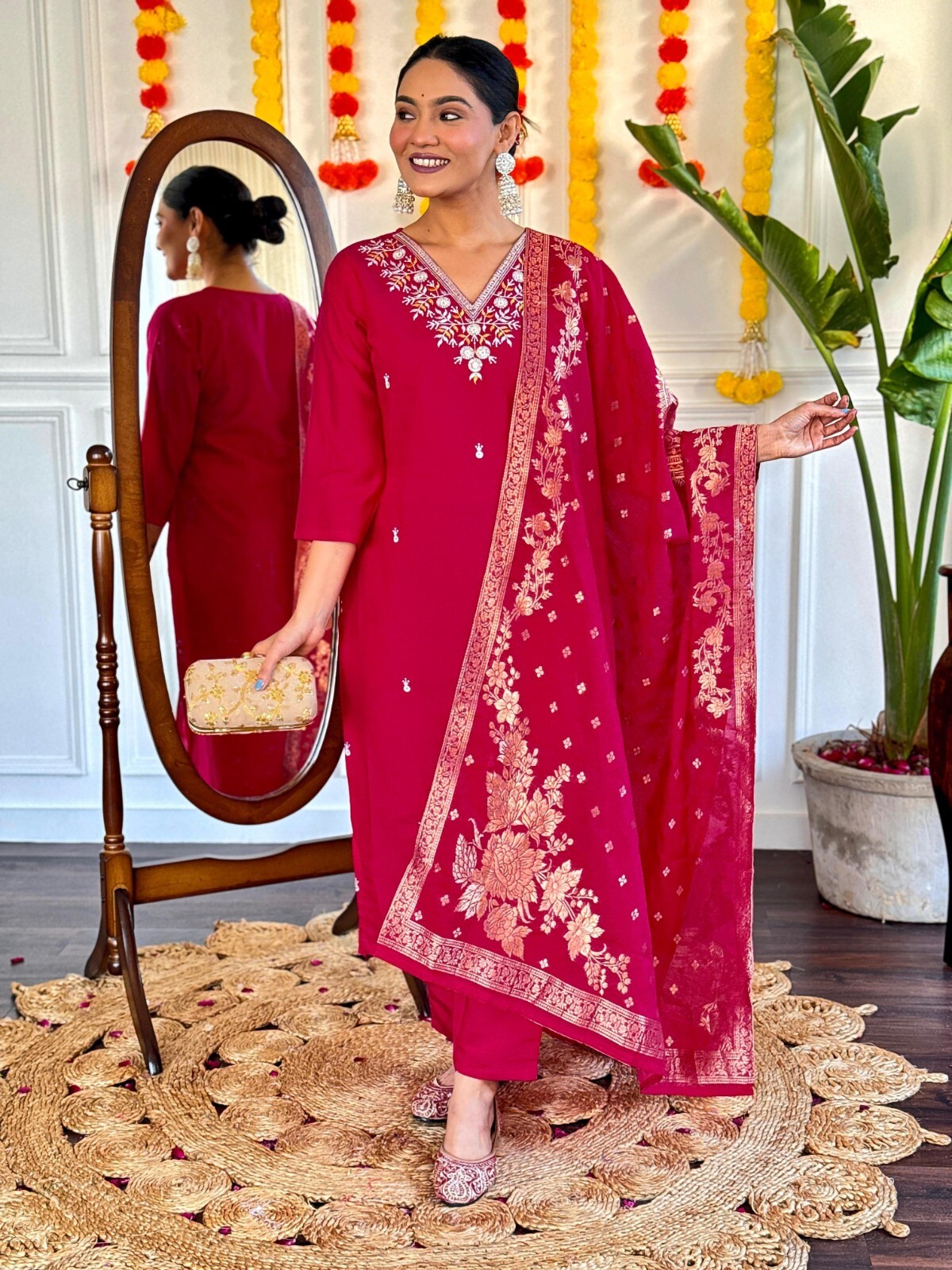 Indian Wedding Wear Kurta Palazzo Dupatta Set Christmas Wear Red Salwar Kameez
