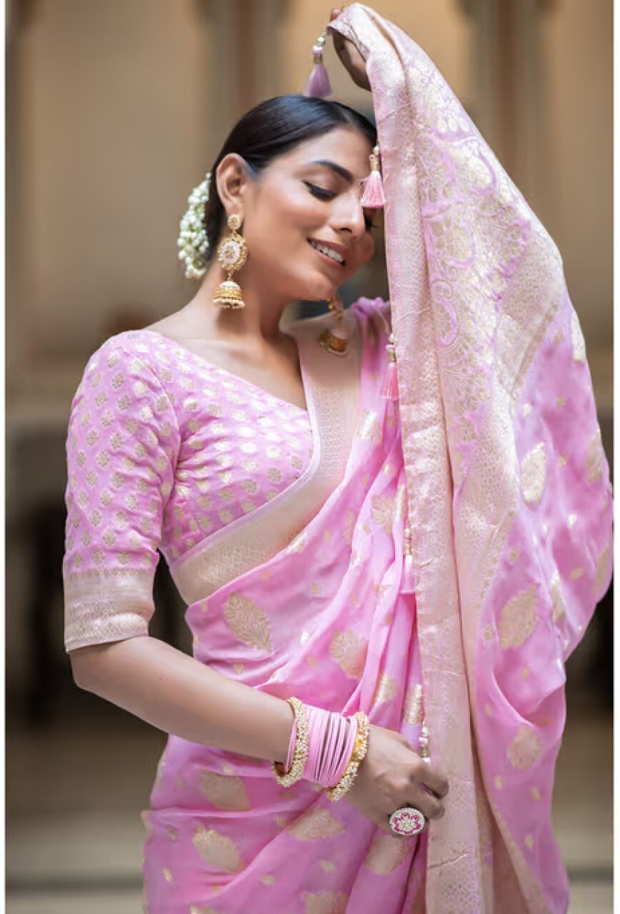 Woven Kanjivaram Pure Silk, Silk Blend Saree (Pink)