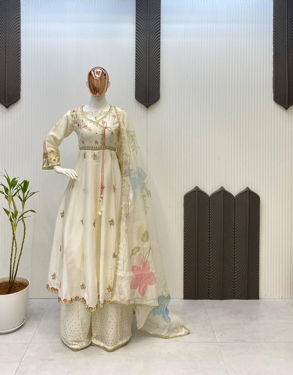 New Attractive Chinon White Gown Palazzo With Dupatta For Women & Girls