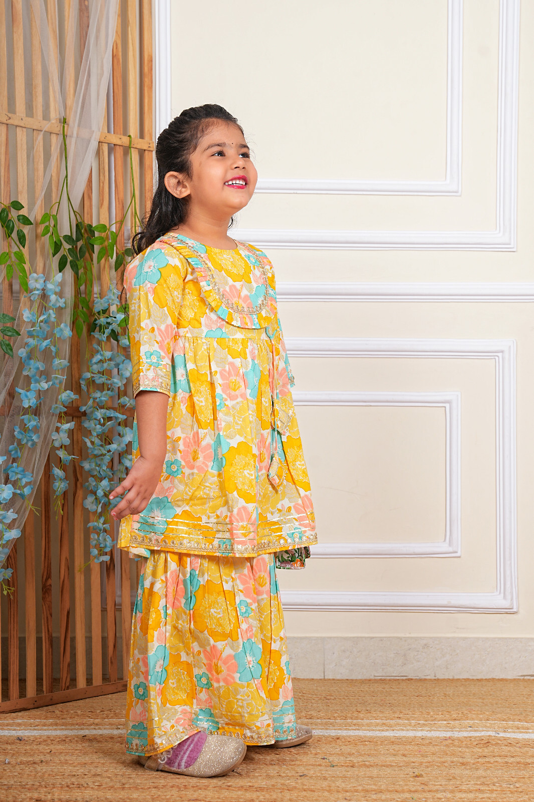 Indian Pakistani Kids Girl Cotton Floral Printed Gota Work Kurti with Sharara