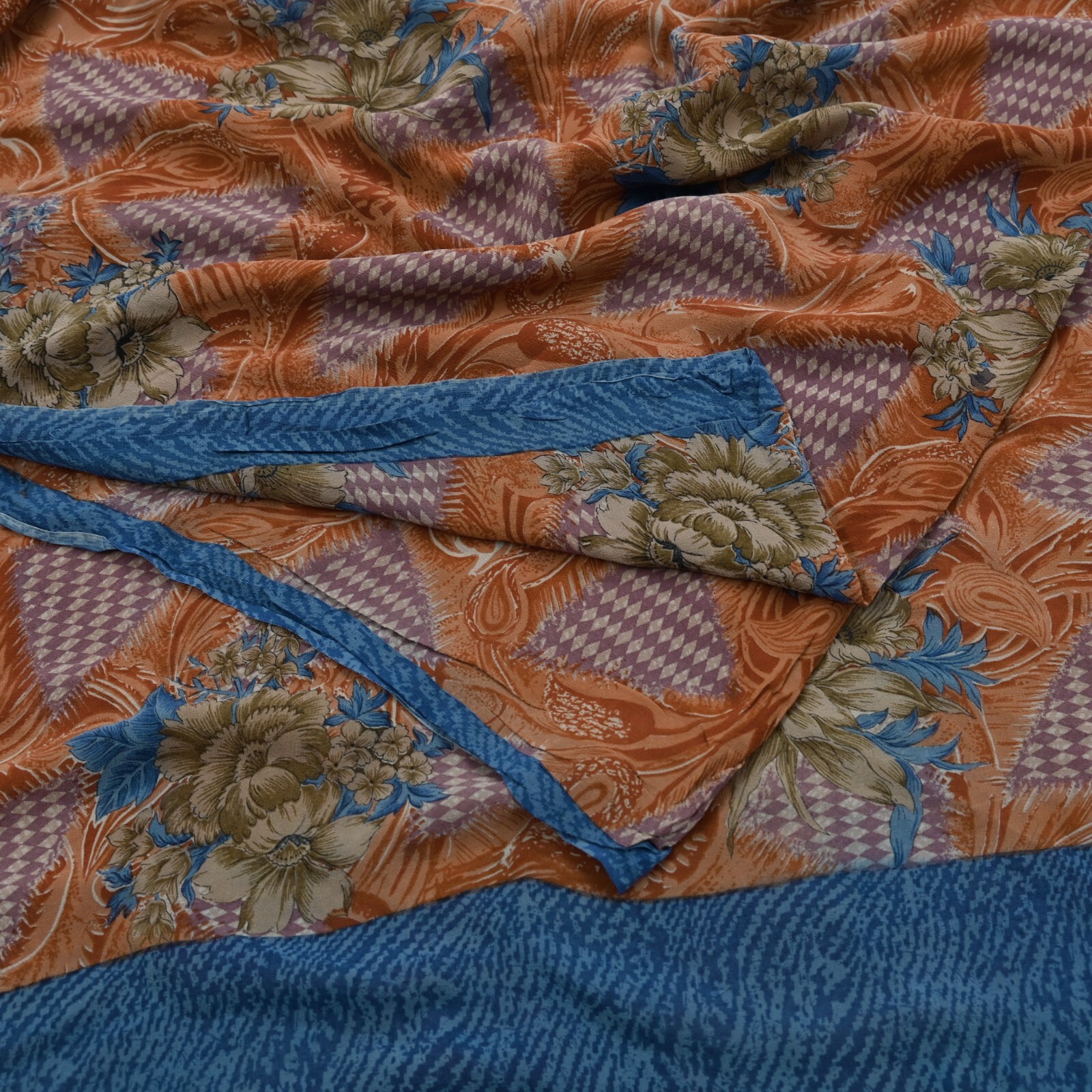 Indian Vintage Saree Purple & Orange Pure Georgette Silk Printed Sari Sewing 5yd