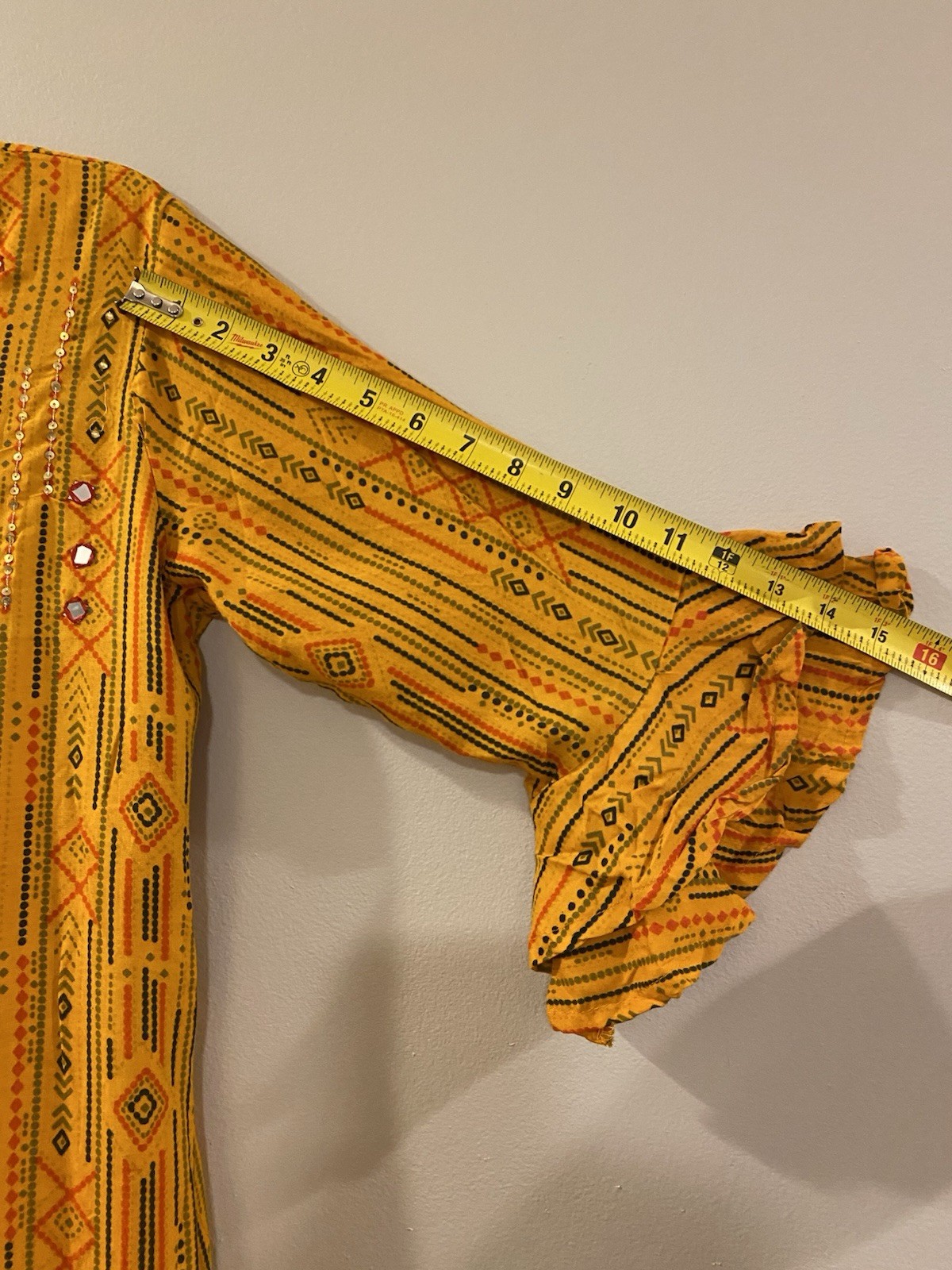 XXL Embellished Mustard Yellow Kurta Tunic Dress 3/4 Ruffled Sleeves