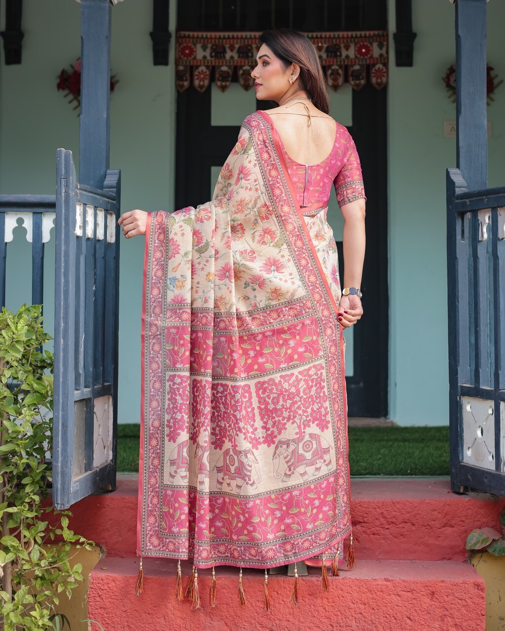 Floral Print Handloom Cotton Linen Saree (Multicolor)