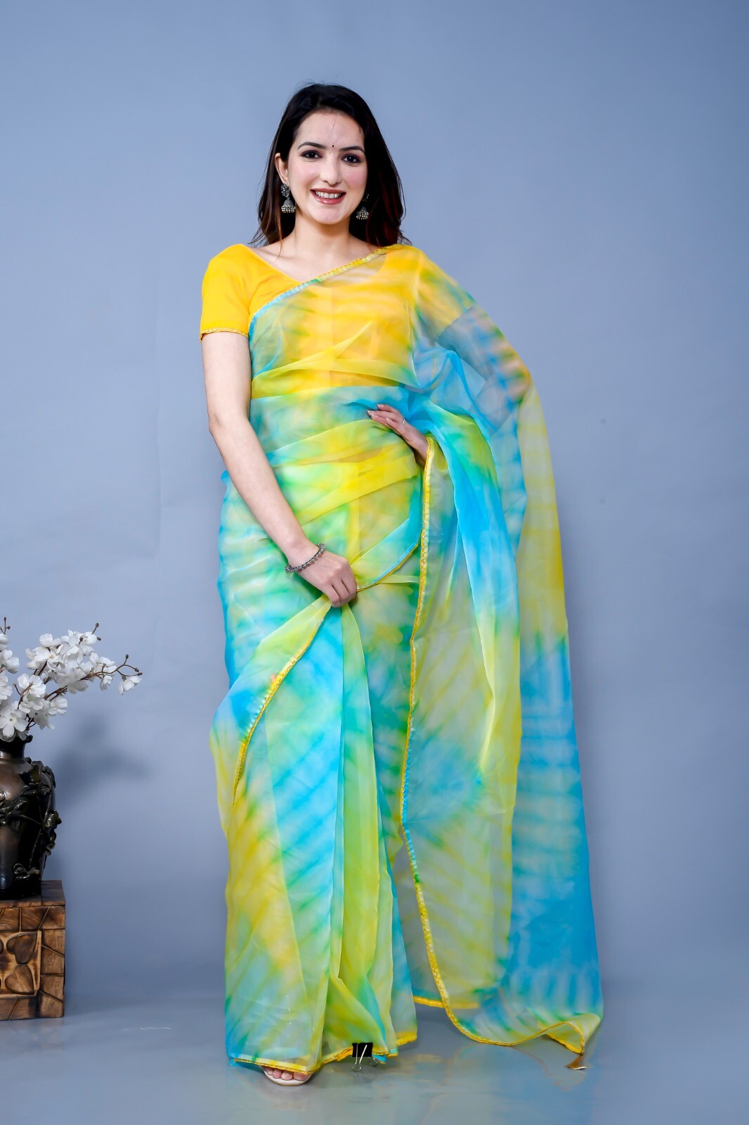 Tie and Dye Pattern Organza Saree with Unstitched Blouse Piece