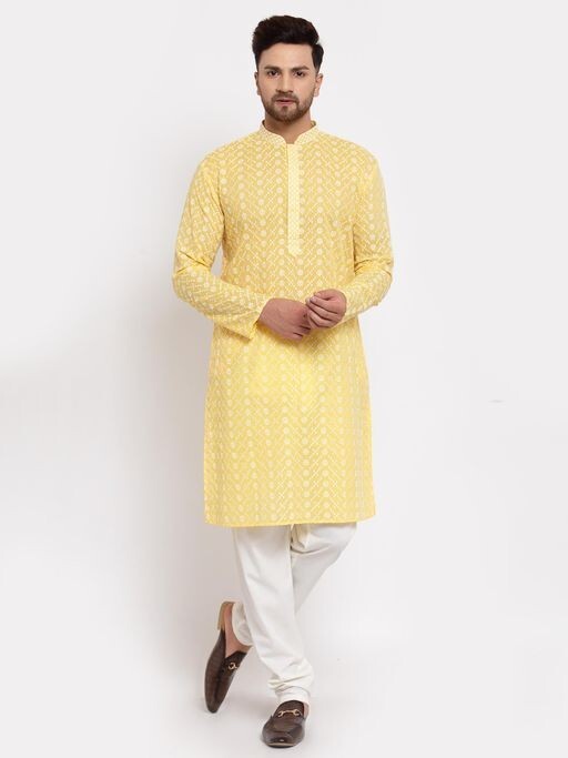 Mohanlal Sons Mens Tunic Georgette Kurta Yellow Eyelet Embroidered Large 40