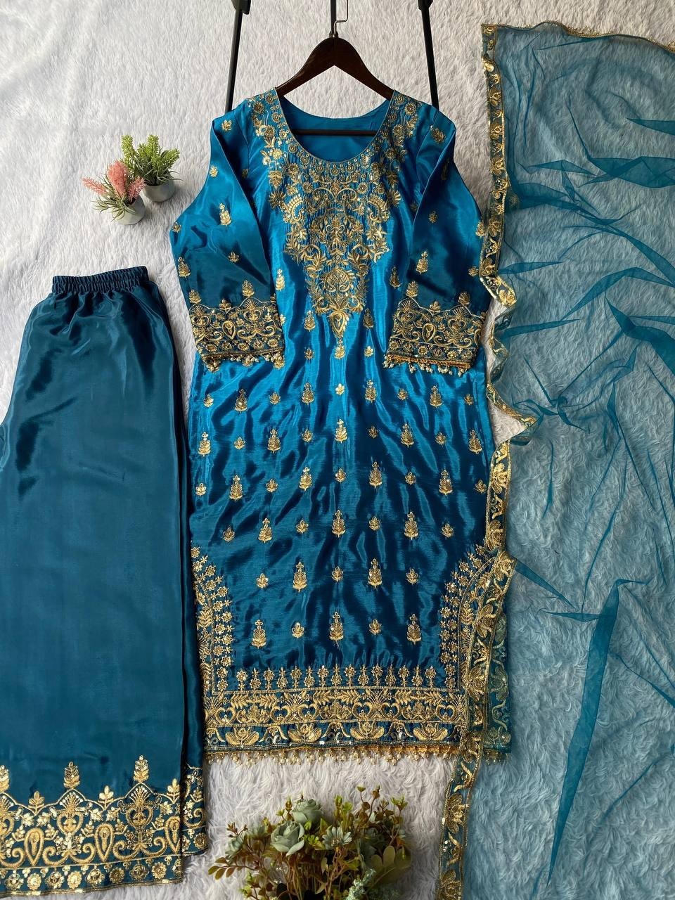 Attractive Designer Chinnon Silk Kurta Palazzo With Net Dupatta For Women
