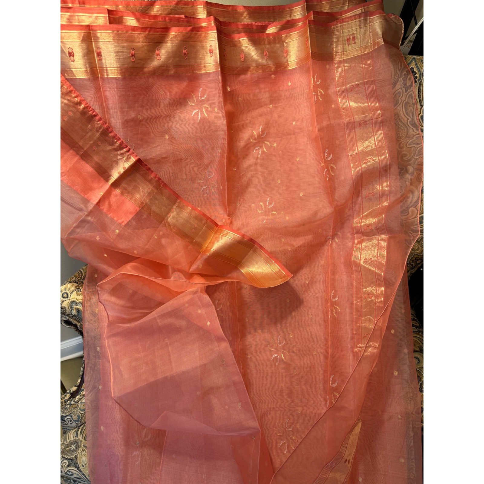 Peach Tissue Coral Gold Zari Embroidered Saree Set w Cotton Petticoat Indian