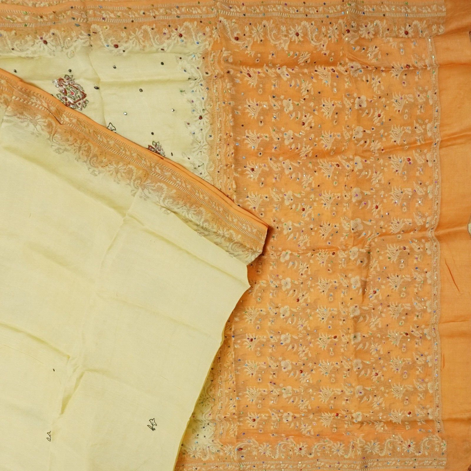 Vintage Cream Sarees 100% Pure Silk Woven Sequins Embroidered Sari 6YD Fabric