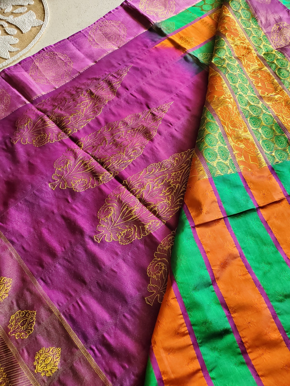Authentic Pure Silk Dharmavaram Pure Silk Saree Horizontal Panels Green Orange