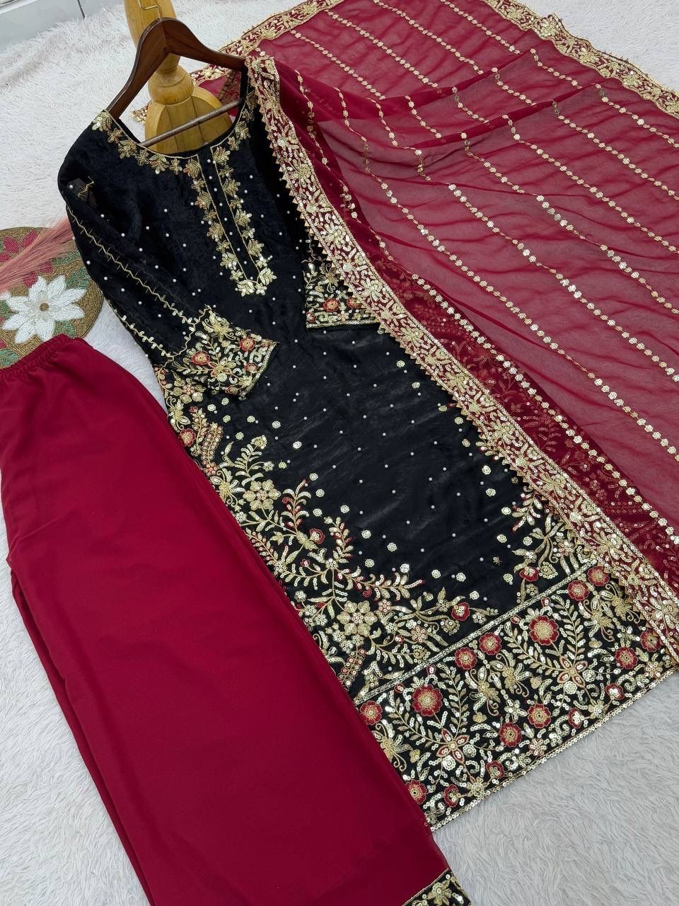 New Designer Heavy Silk Black Kurta Palazzo With Dupatta For Reception Wear