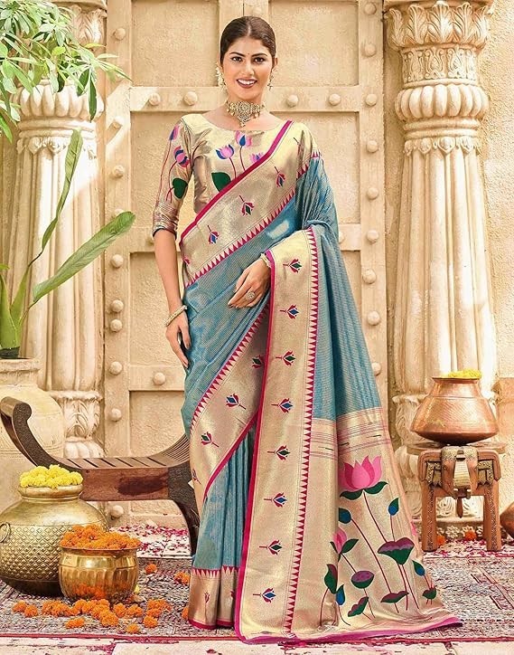 Women’s Paithani Soft Silk Kanjivaram Saree With Unstitched Blouse Piece