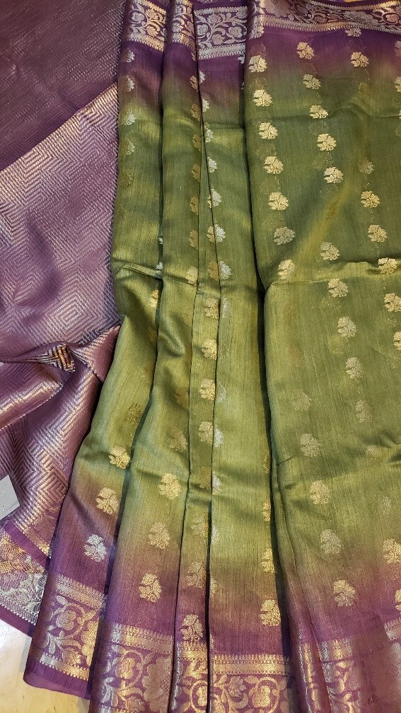 Tussar Silk Handloom Saree Floral Zari Work Brocade Pallu Unstitched Blouse