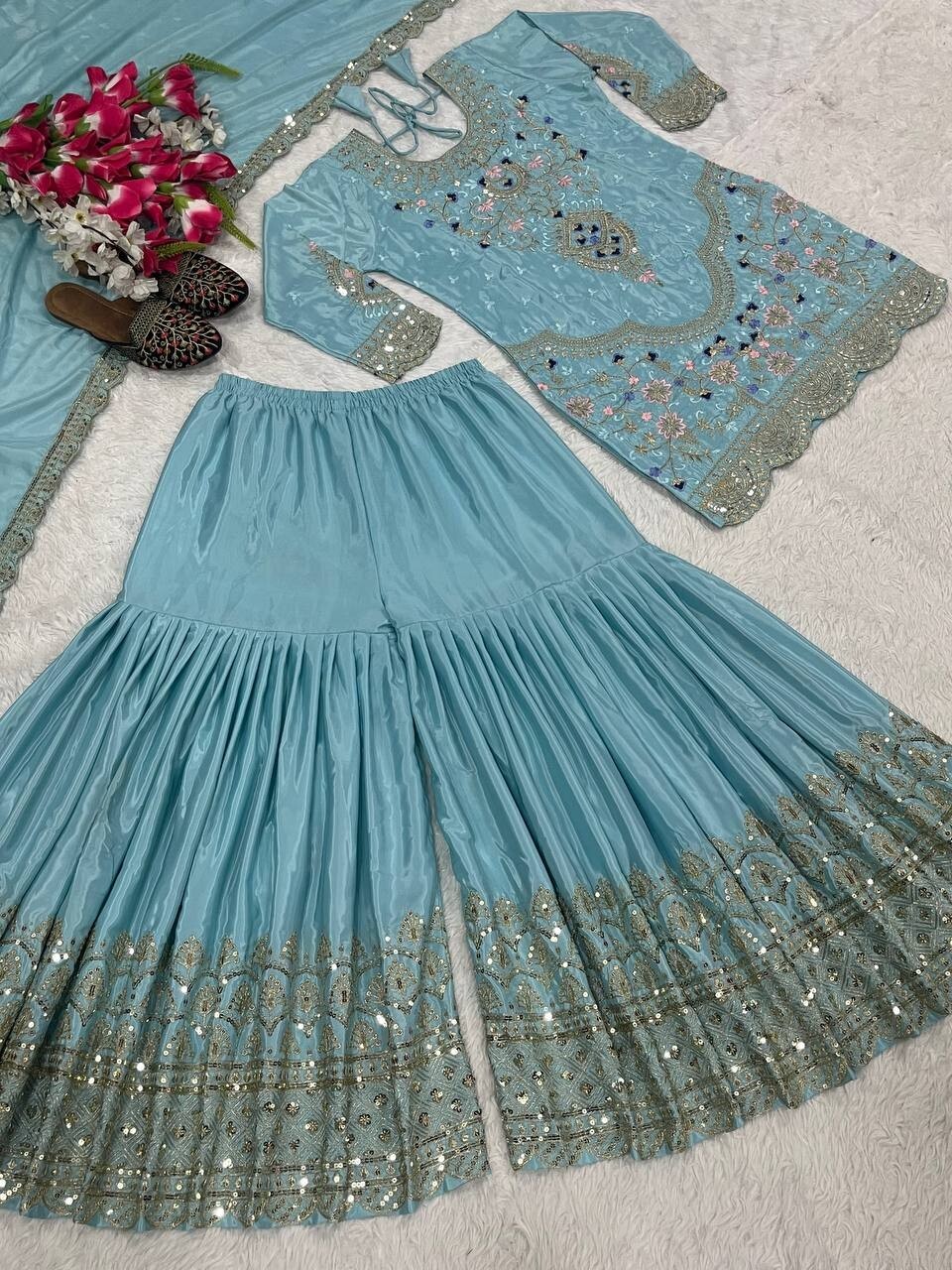 Latest Collection Sky Blue Natural Crepe Kurta Palazzo With Dupatta For Women