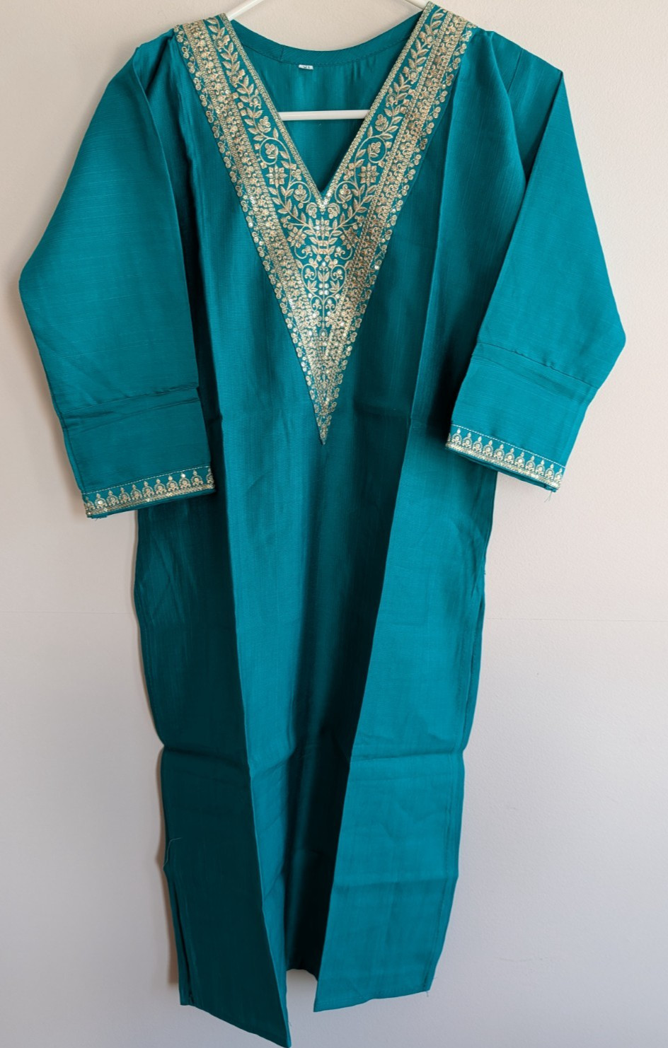 Kurta Kurti Top Tunic Teal Sequin Embroidery V-Neck Cotton Party Festive Wear XL