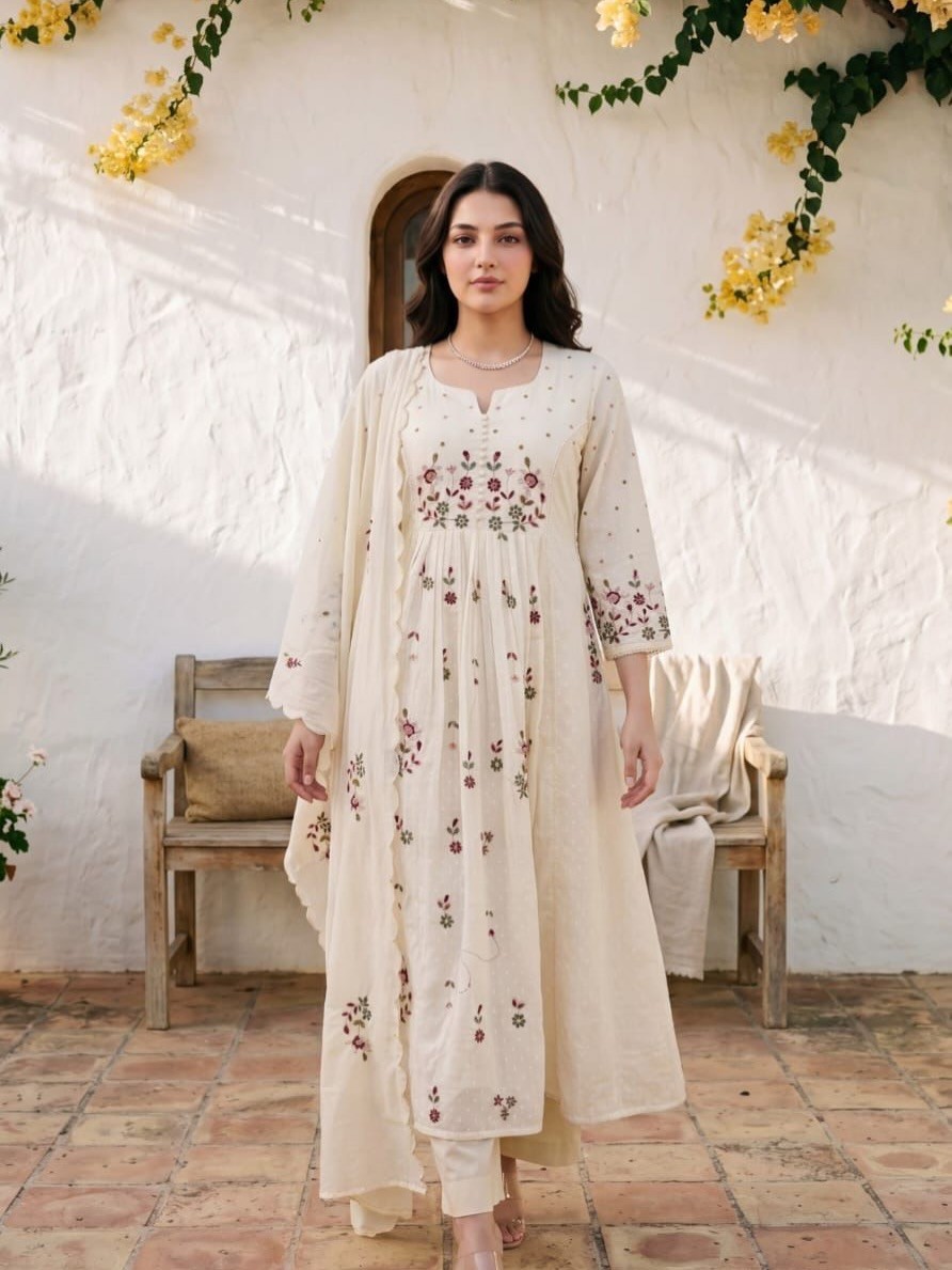 Women’s Cotton Embroidered Anarkali Kurta Pant Dupatta Set White Pink Ethnic Sui