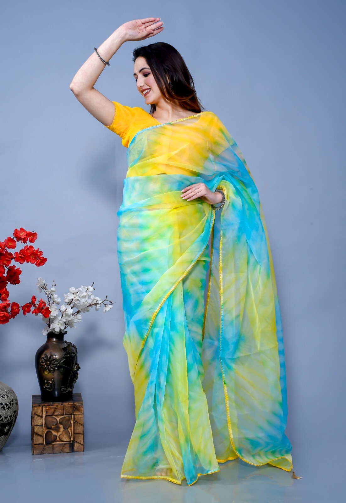 Tie and Dye Pattern Organza Saree with Unstitched Blouse Piece
