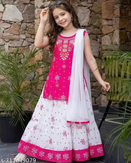 Girls Sleeveless Kurta with White Printed Skirt and Dupatta Set, Festive Ethnic