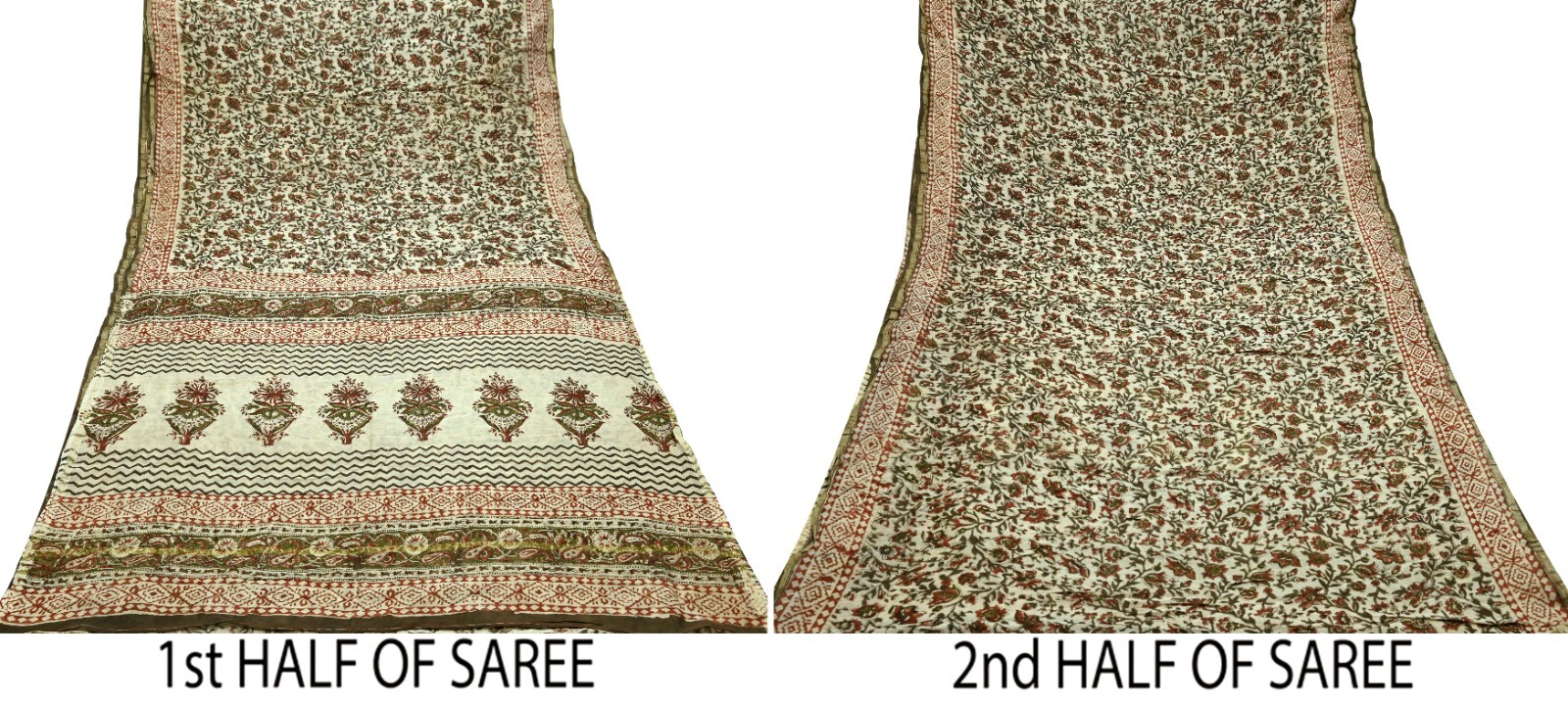 Vintage Sari Beige Block Printed Chanderi Cotton Craft Fabric 5Yd Sewing Zari
