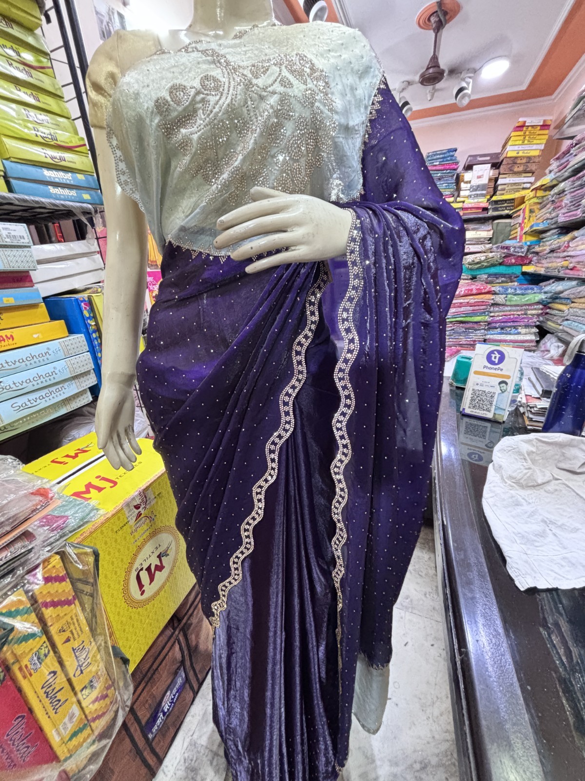 Glossy Satin Fendi Sworski diamond Work Saree