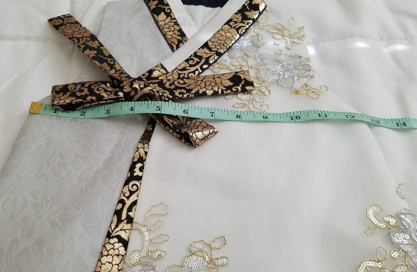 Traditional Korean Asian Embroidered Toddler Girl Robe Kimono White Gold Black