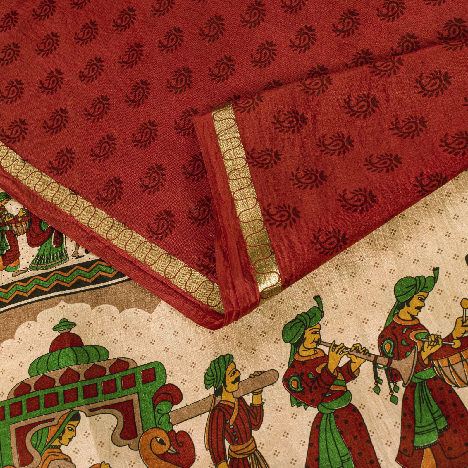 Sanskriti Vintage Red Saree Pure Silk Paisley Hand Block Print-Digital 5.5Y Sari