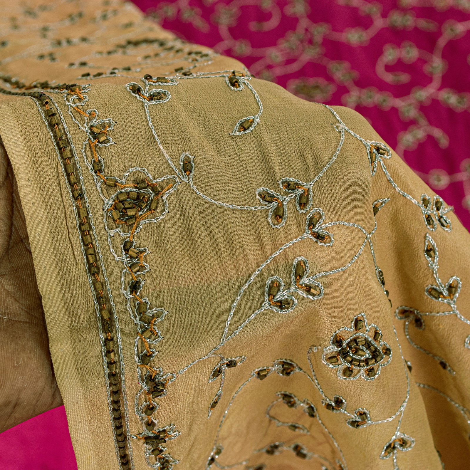 Sanskriti Vintage Pink Sari 100%Pure Crepe Silk Hand Beaded Sarees 5.5+Yd Fabric