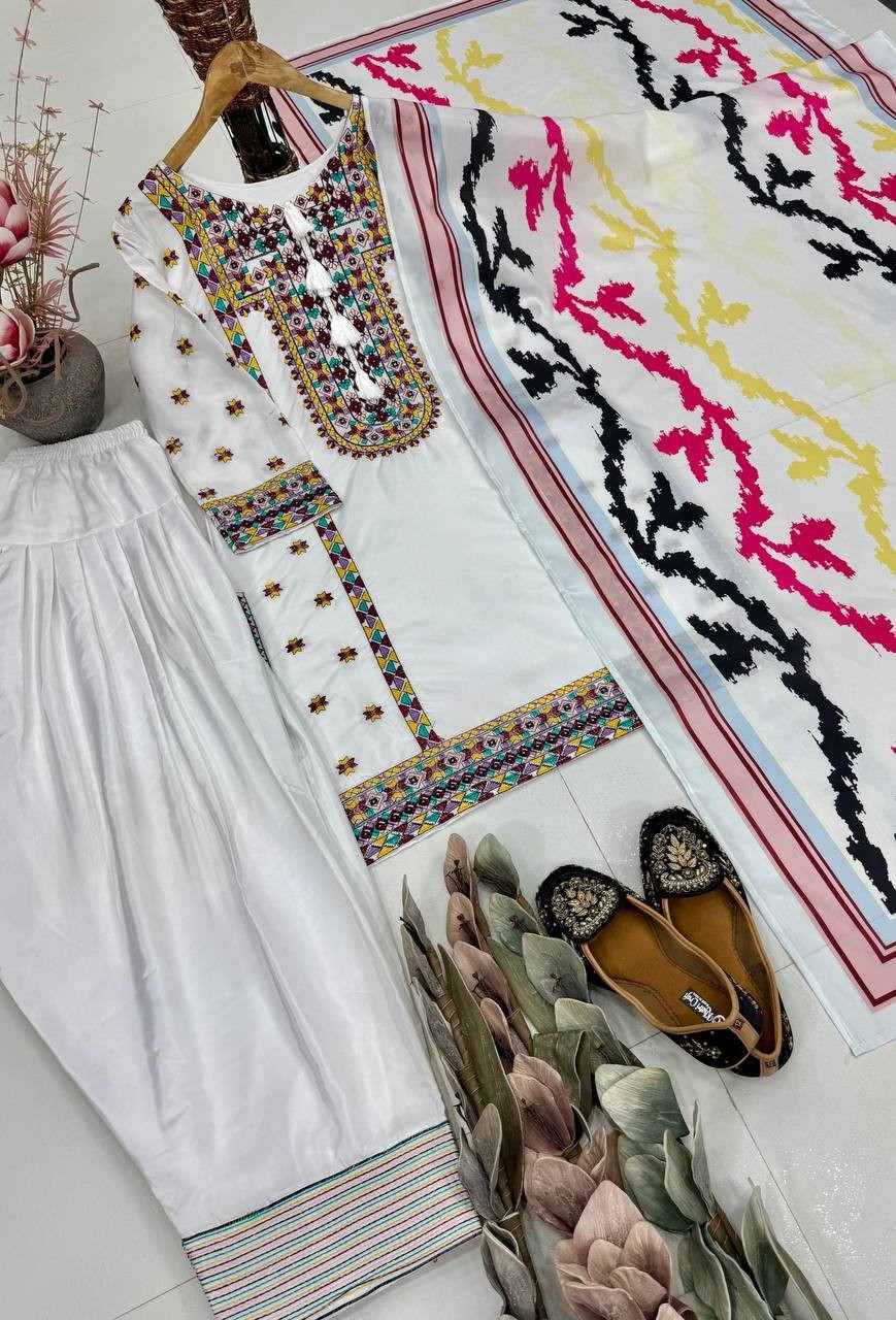 Heavy Natural Silk White Top Palazzo With Dupatta For Indian Functional Wear