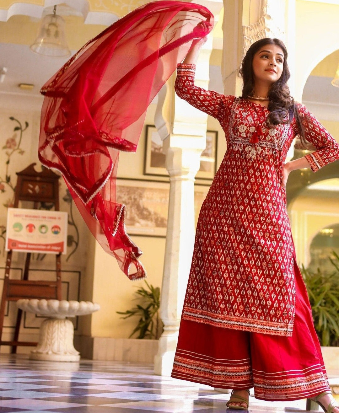 Maroon Cotton Kurta Palazzo Set with Net Dupatta for Women Ethnic Suit Plus Size