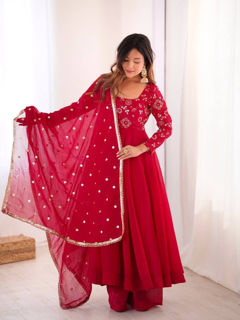 Presenting New Crunchy Silk Pink Gown Bottom With Dupatta For Festive Wear