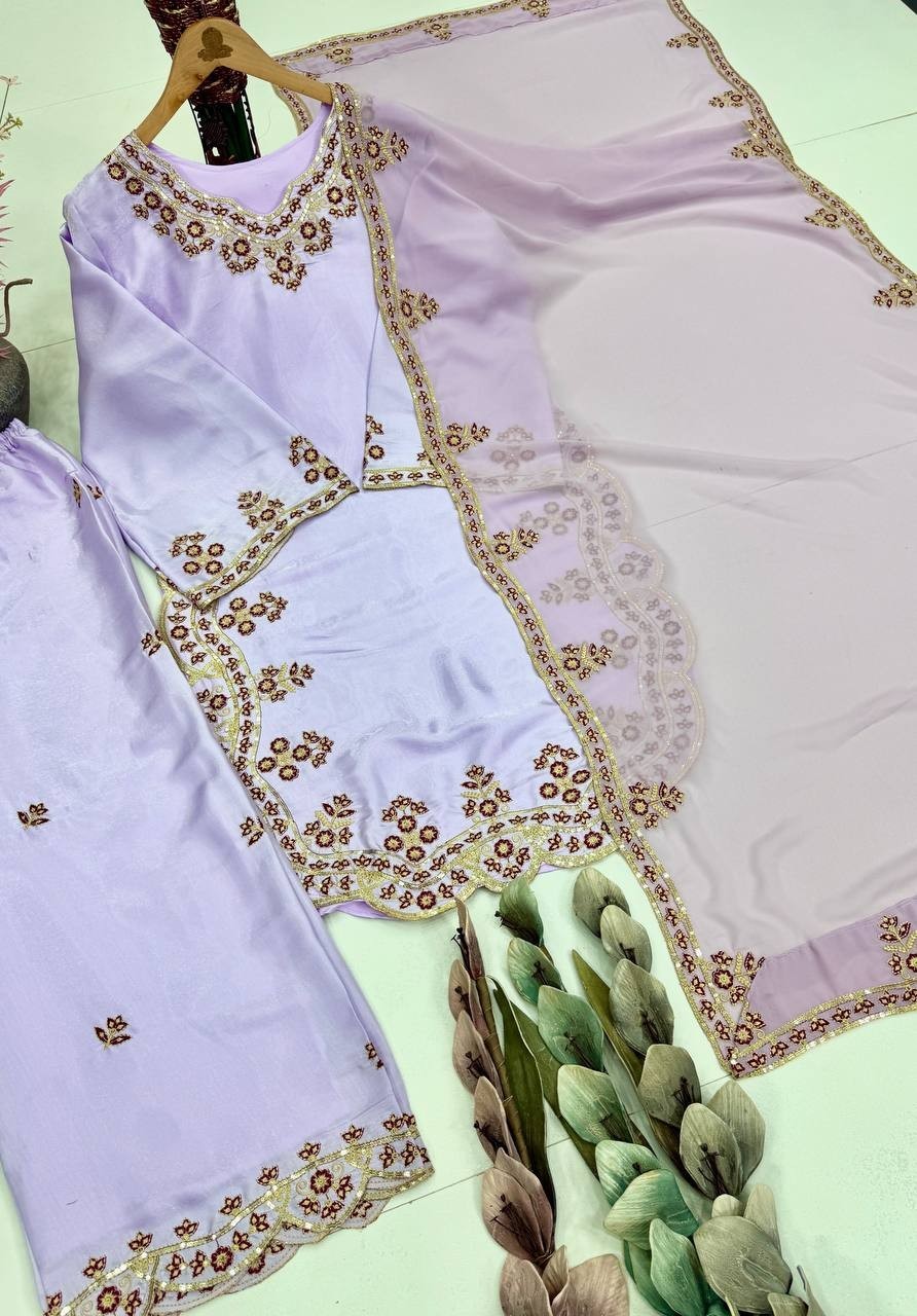 Heavy Roman Glass Purple Top Palazzo With Dupatta For Function & Party Wear