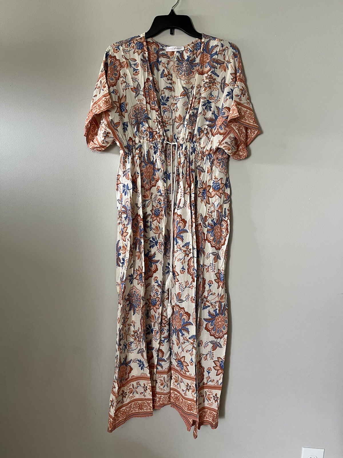 Ces Femme Kimono Wrap Duster Coral Blue Ivory Floral Paisley Cover Tied Long