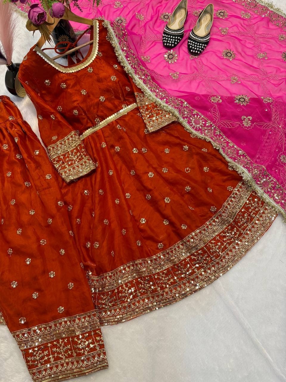 Trending Orange Silk Salwar Kameez With Faux Georgette Dupatta For Women