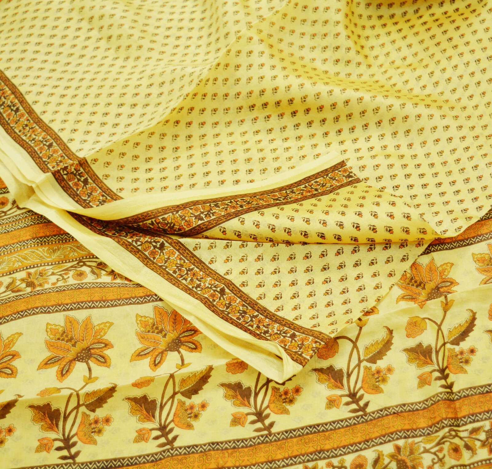 Indian Vintage Sari Beige Pure Silk Printed Sarees 5yd Sewing Craft Fabric Soft