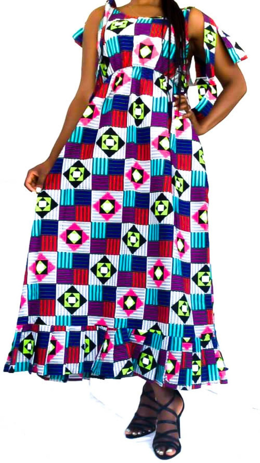 African Print Women Dress with Long Strap and Elastic Waist Line