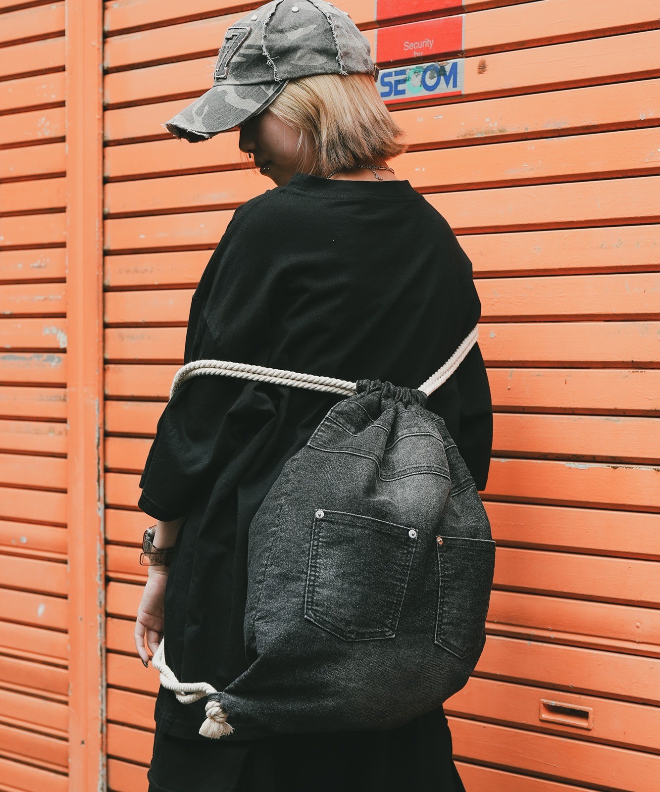 DEVICE Washed Denim Drawstring Backpack Unisex Vintage Finish RRD24049