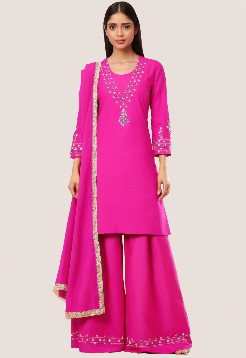 Hand Embroidered Fuchsia Pink Organza Salwar Kameez Suit Set | Custom Size |…