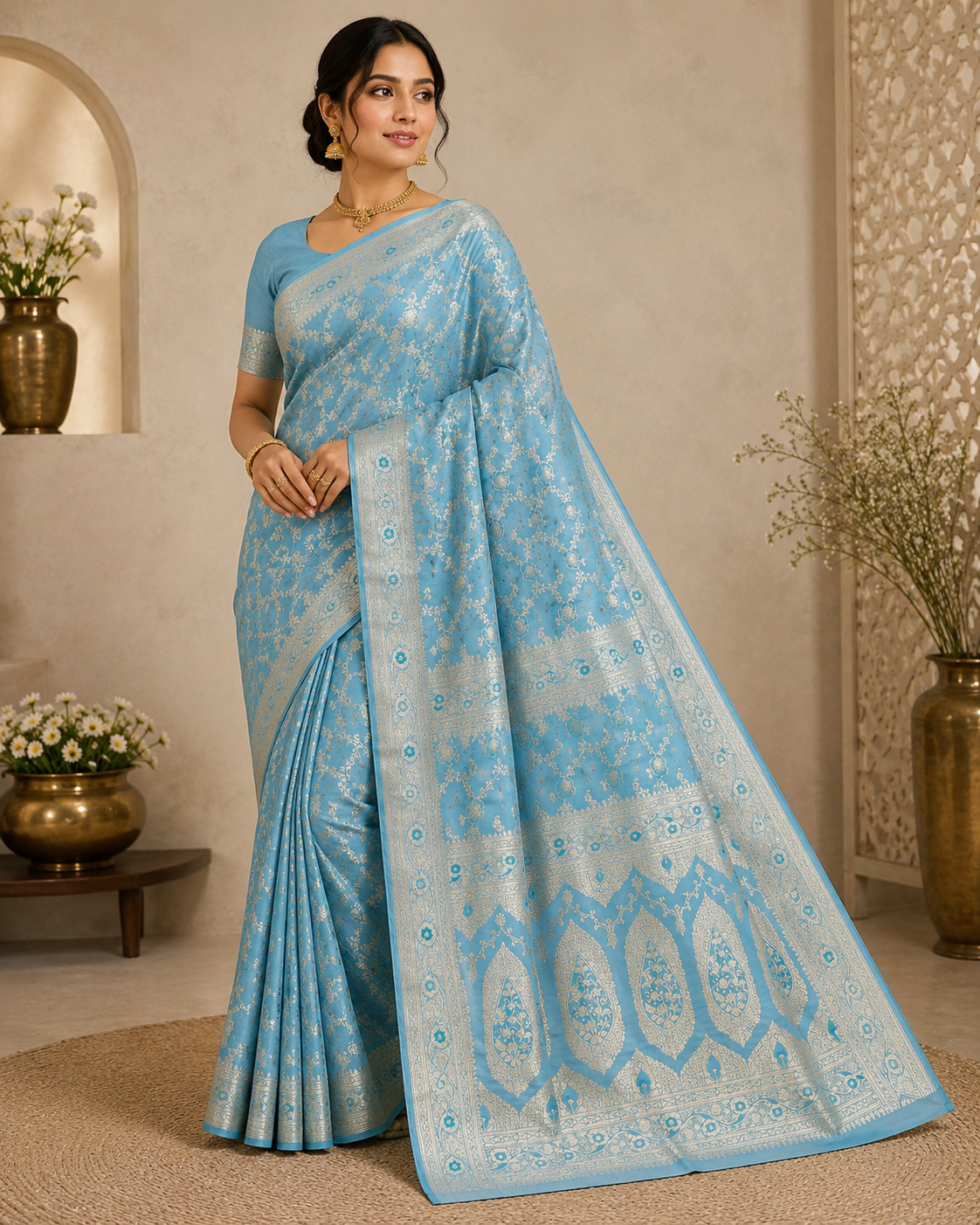 Pure Katan Silk Banarasi Saree, Sky Blue Handwoven Silver Zari Bridal Festive
