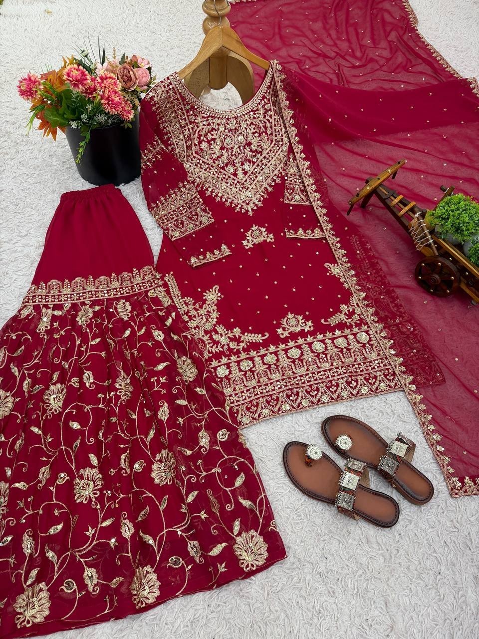Maroon Designer Heavy Georgette Top Palazzo With Dupatta For Function Wear